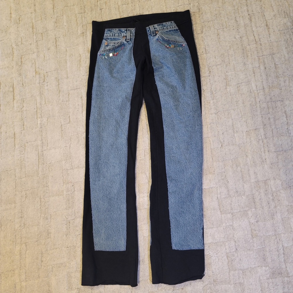 Bejeweled by Susan Fixel Denim Hybrid Flare Pants Black Blue Rhinestone Large